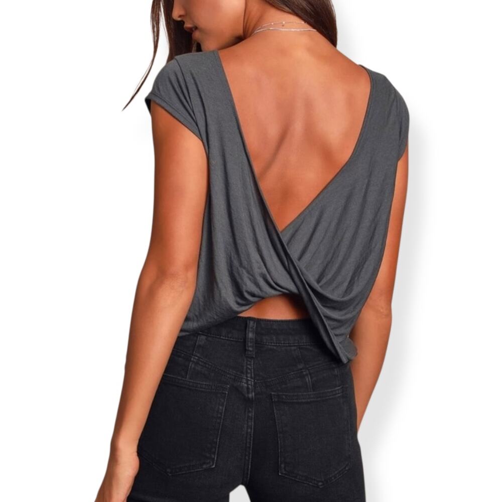RVCA Women's Short Sleeve Twist-Back Tee in Charcoal Gray